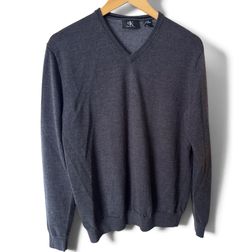 Calvin Klein Mens V-Neck Sweater Large Gray Extra Fine Merino Wool Layering
